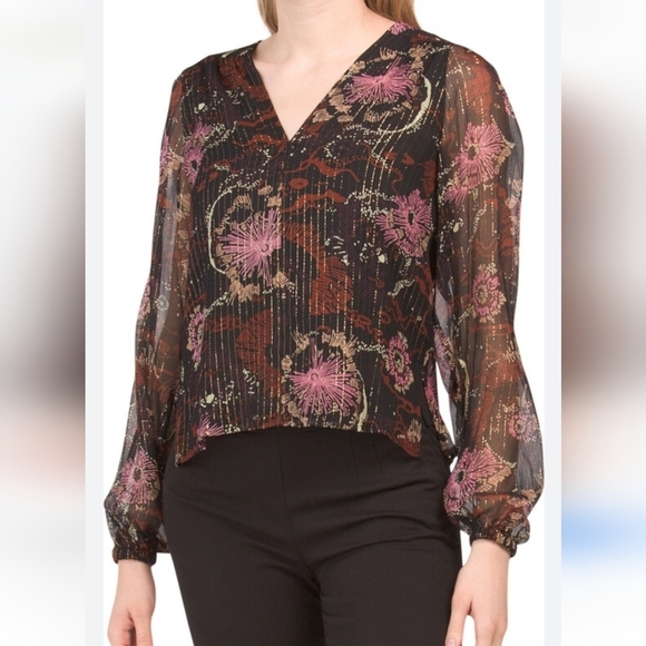 A.L.C. Tops - A.L.C. Mac Crinkle Silk Chiffon Floral V-Neck Top Sheer Sleeve Gold Size 14